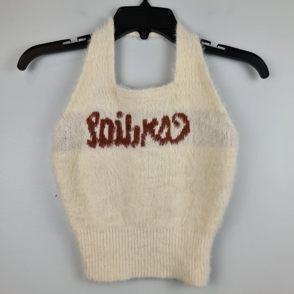 Women's Y2K Fuzzy Knit Halter Tank Top Cropped XS* Ivory Cursive Writing Stretch